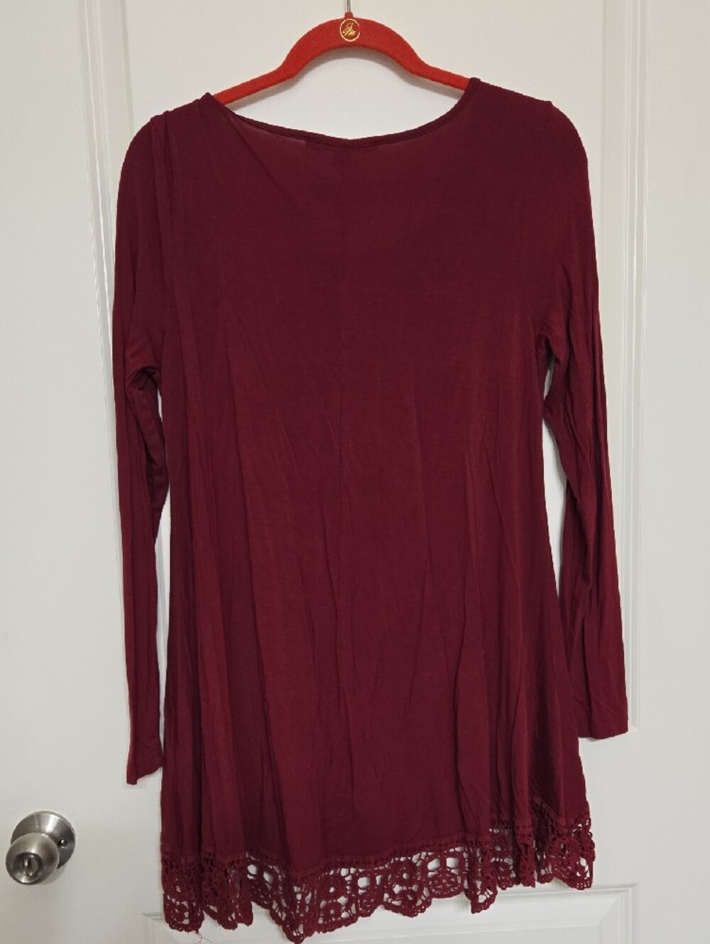 Boston Proper Burgundy Lace-Hem Long Sleeve Scoop Top - Picture 2 of 3